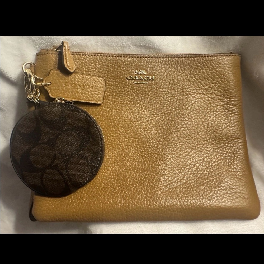 COACH Brown Leather Wristlet with Round Coin Pouch in Signature Canvas